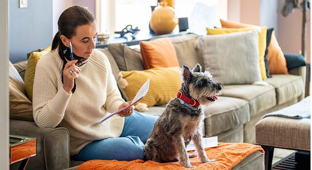 Young woman sitting on her sofa with her dog while looking at her insurance documents