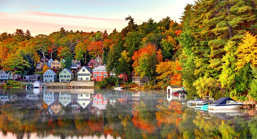 Water reflecting foliage and lake houses